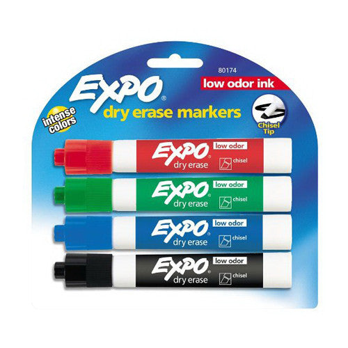 Expo Low Odor Chisel Tip Dry Erase Markers, Assorted - 4 Ea